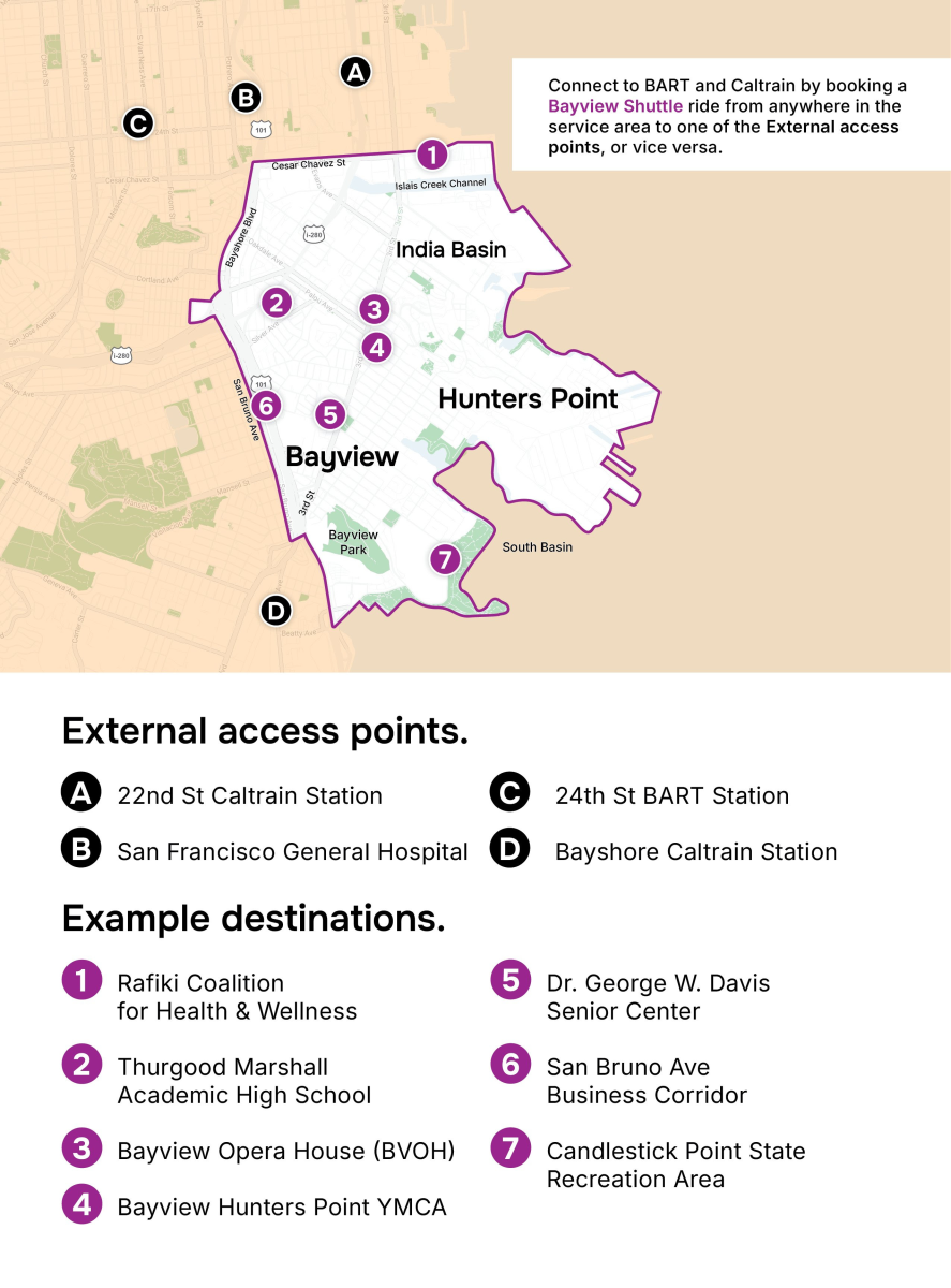 Bayview shuttle service area featuring example destinations within the community, labelled by numbers, and the external access points (22nd St Caltrain (A), San Francisco General Hospital (B), 24th St. BART Station (C), and Bayshore Caltrain Station (D)) identified with corresponding letters. The service area is bordered by Cesar Chavez Street to the north, Highway 101 to the west, and the Candlestick waterfront to the south.
